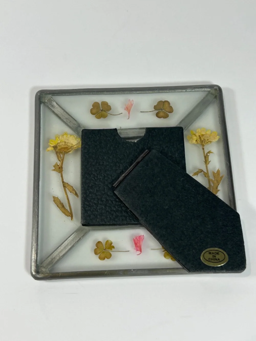 Vintage Lead & Glass Square Picture Frame with Dried Pressed Flower Rustic Charm